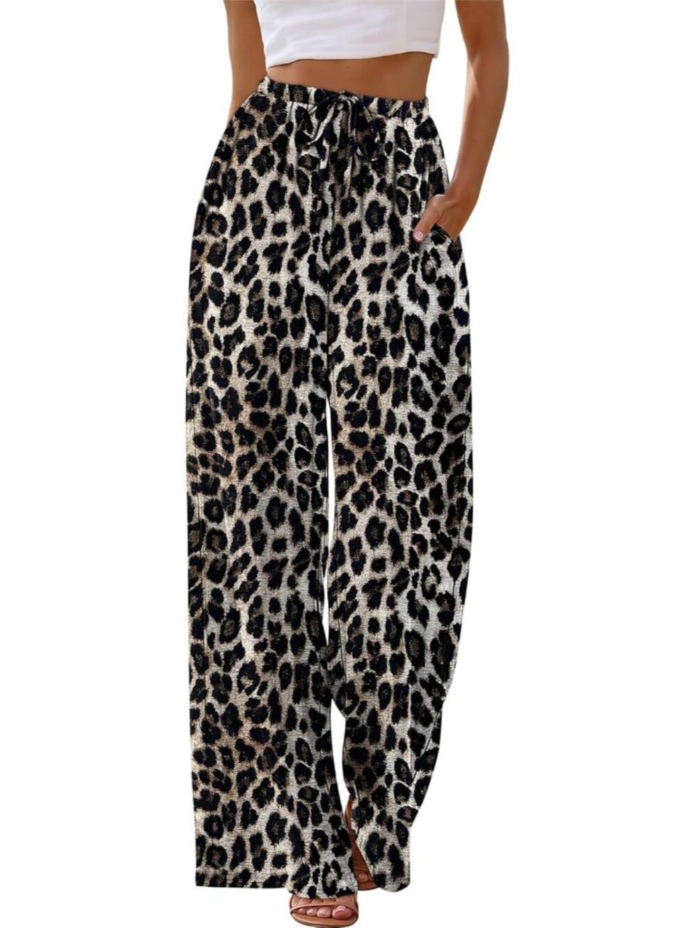 Women's Leopard Flowy Elastic Waist Trousers with Pockets Summer Leg Pants - Picture 2 of 5